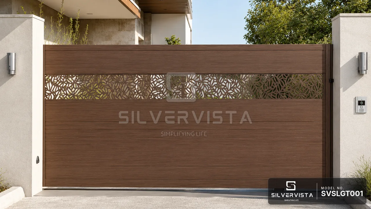Foliage Cut Walnut Gate | Custom Sliding, Swing & Telescopic Gates Chennai 1 Foliage Cut Walnut Gate - SilverVista Chennai